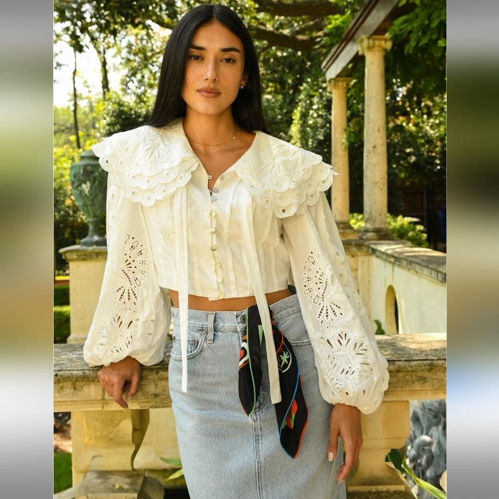 FARM RIO Richelieu Big Collar Off White Battenberg Lace Blouse M RARE SRP $240 - Picture 4 of 16